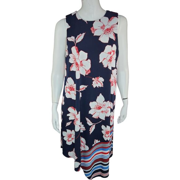 Dressbarn Navy Floral Striped Sleeveless Asymmetrical Hem Dress Womens 10 Midi - Picture 1 of 12